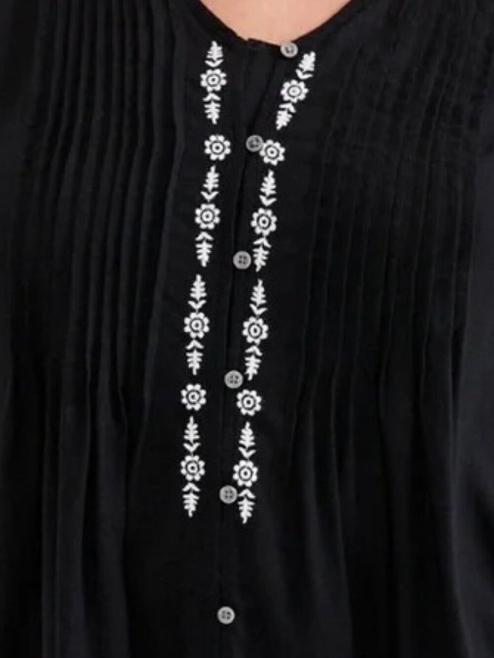 Style & Co Pintuck Black Blouse White Embroidered Accents Bell Sleeves NWT - Picture 7 of 10